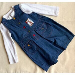 Vintage 90s Piano Kids Fashion Jumper Dress & Shirt Set Girls 8 Farm Patch Denim